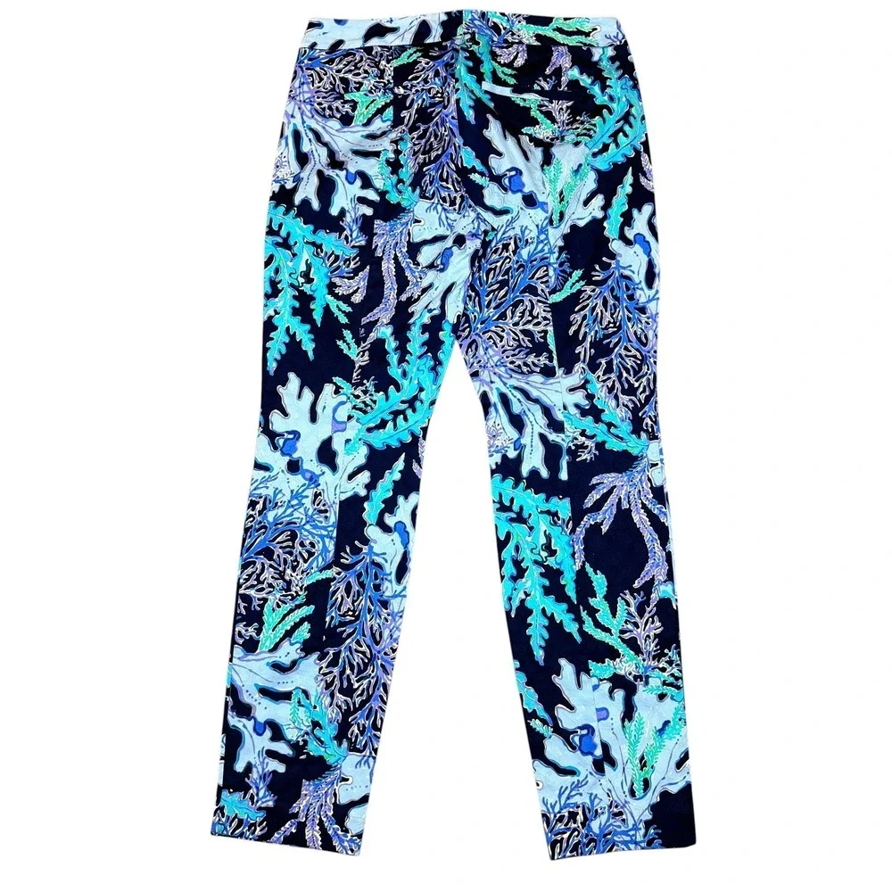 Lilly Pulitzer Kelly Ankle Pants Blue Green Coral Reef Print Stretch Womens 6 - Picture 3 of 10